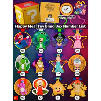 McDonald's Happy Meal Super Mario Galaxy Movie Complete Set of 12 Toys + All 3 Boxes + 2 Apple Wrappers